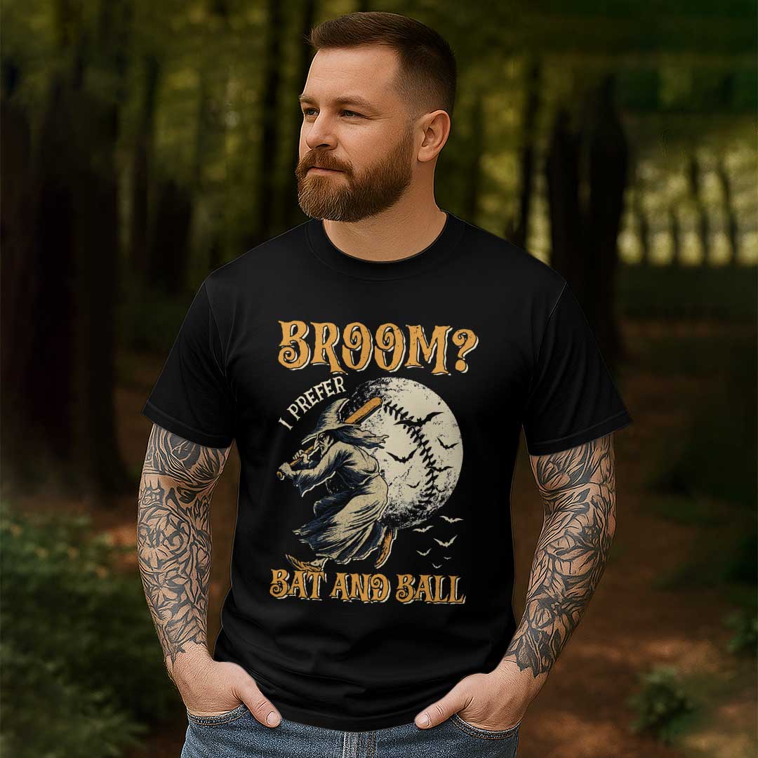A Witch Prefers Bat And Ball Black White Baseball Halloween T-Shirt