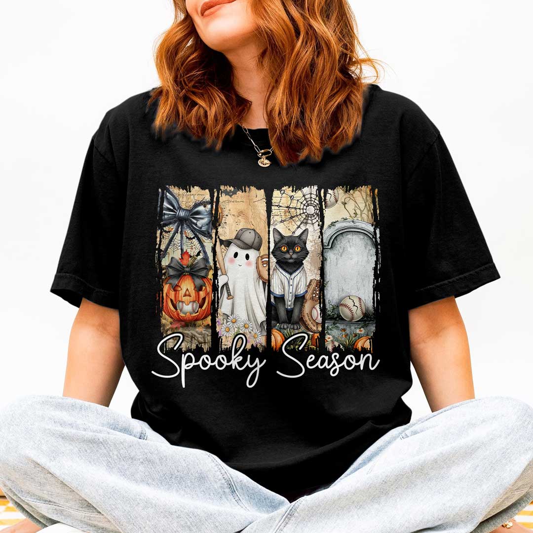 Spooky Season Black White Baseball Halloween T-Shirt