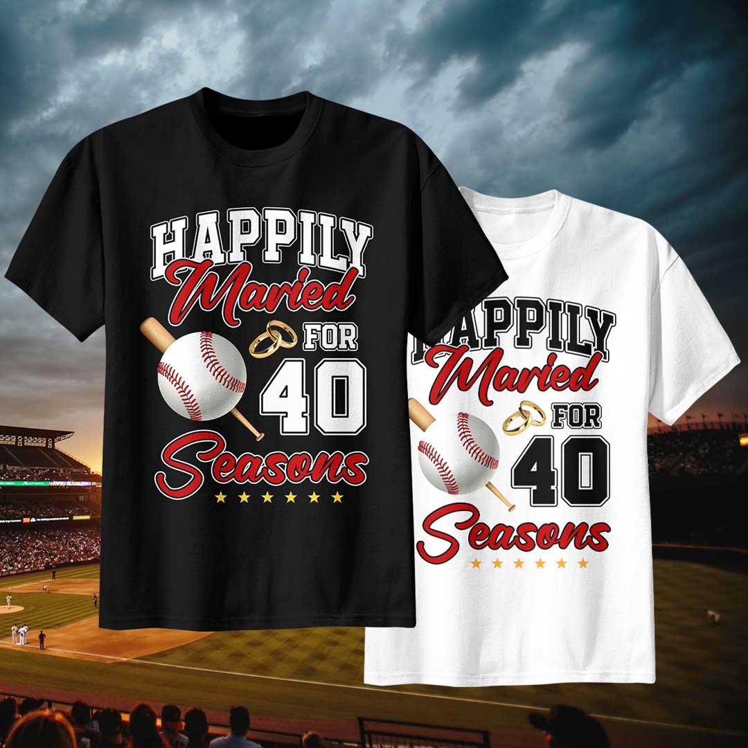 Happily Married For Many Seasons - Black White Baseball Couple T-Shirt