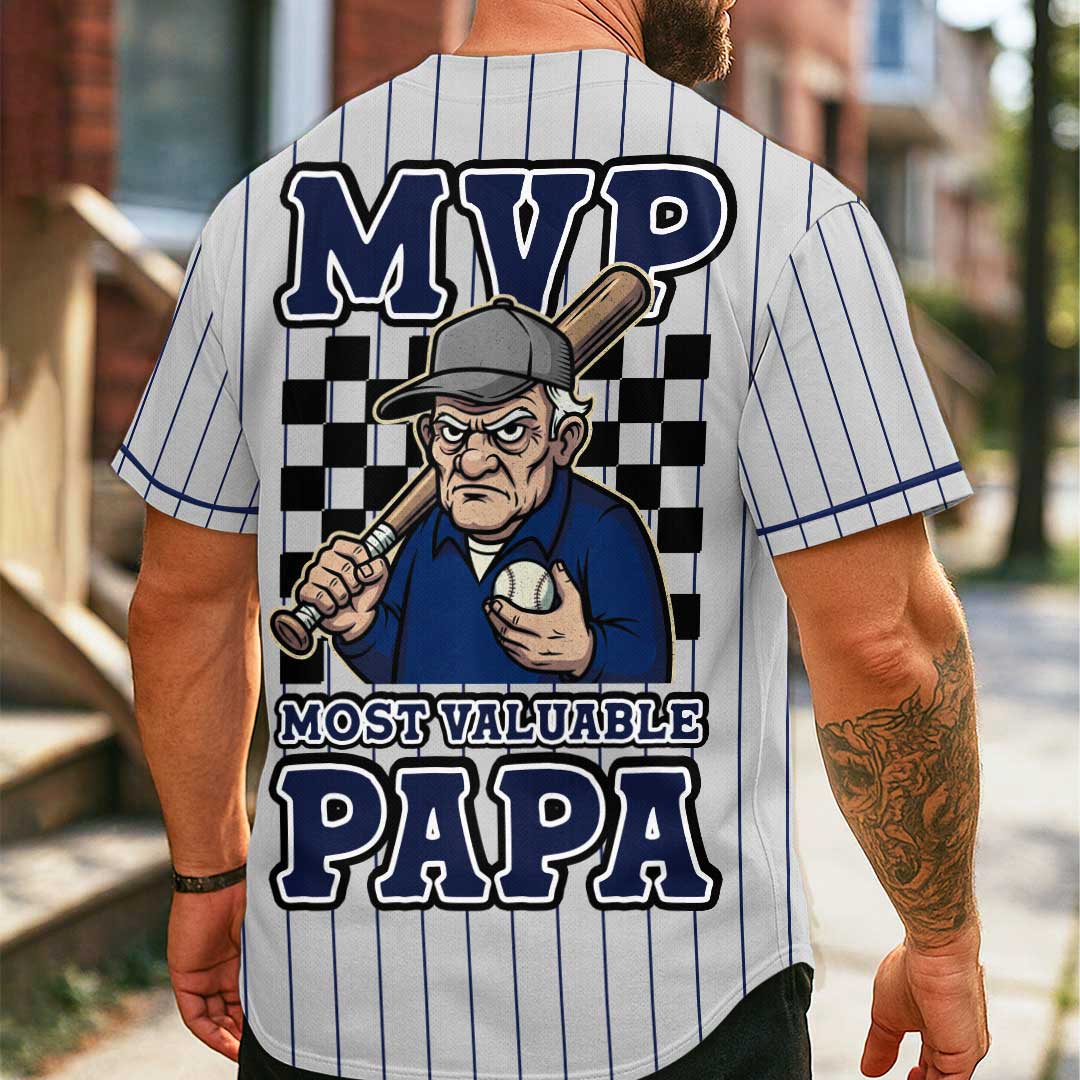 MVP Means Most Valuable Papa - Custom Grey with Navy Stripes Baseball Jersey