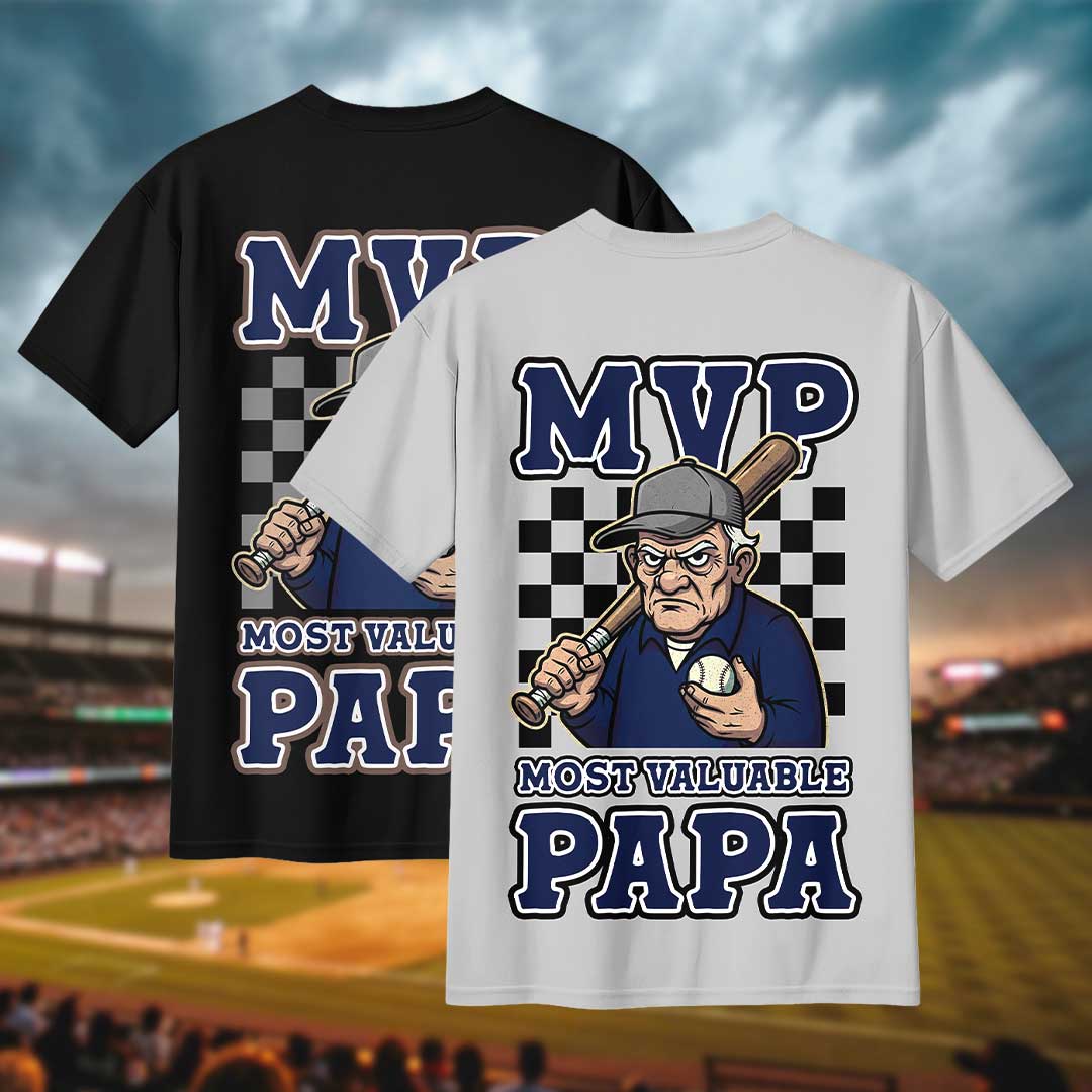 MVP Means Most Valuable Papa - Black Grey Two Sided Baseball T-Shirt