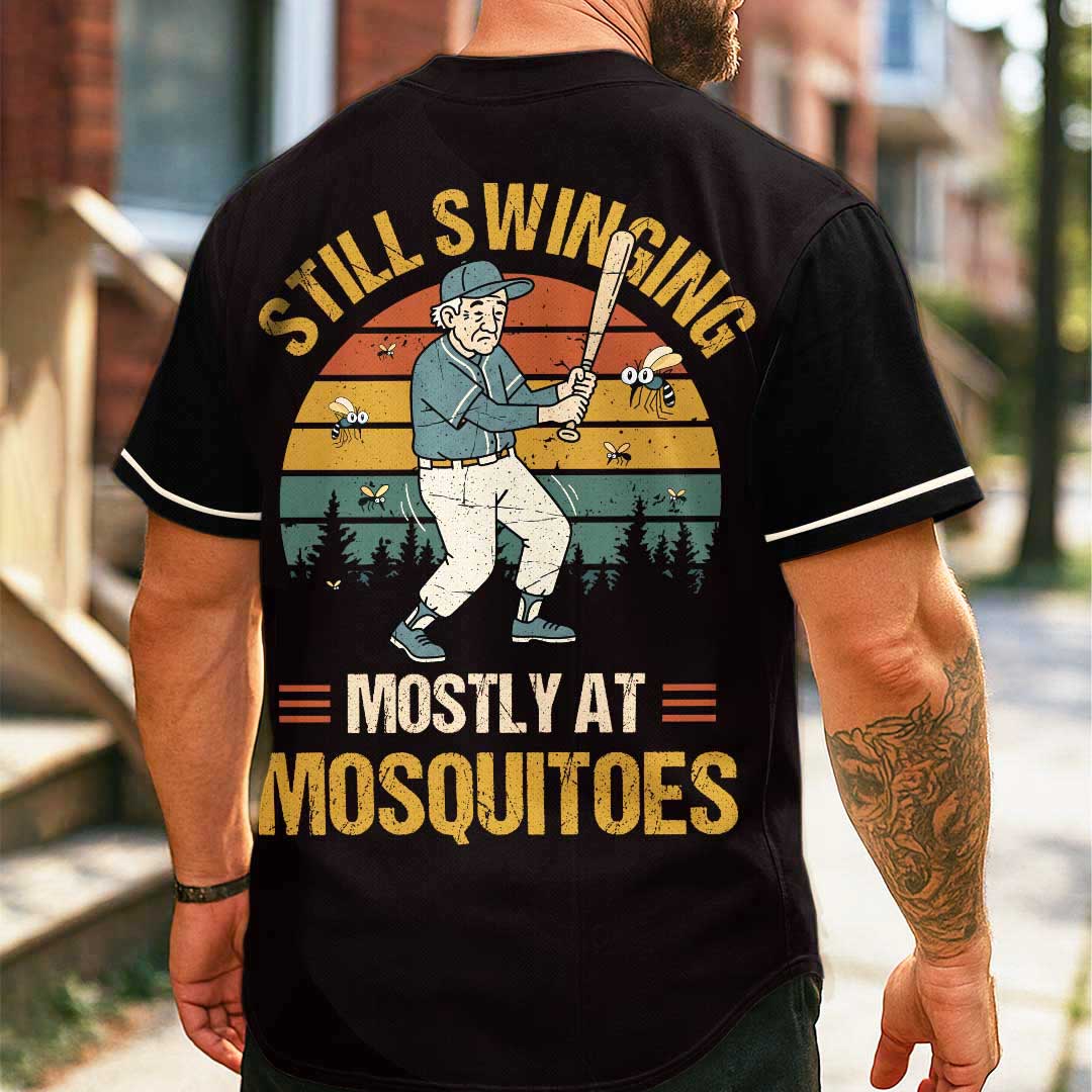 Still Swinging Mostly At Mosquitoes - Custom Black Baseball Jersey