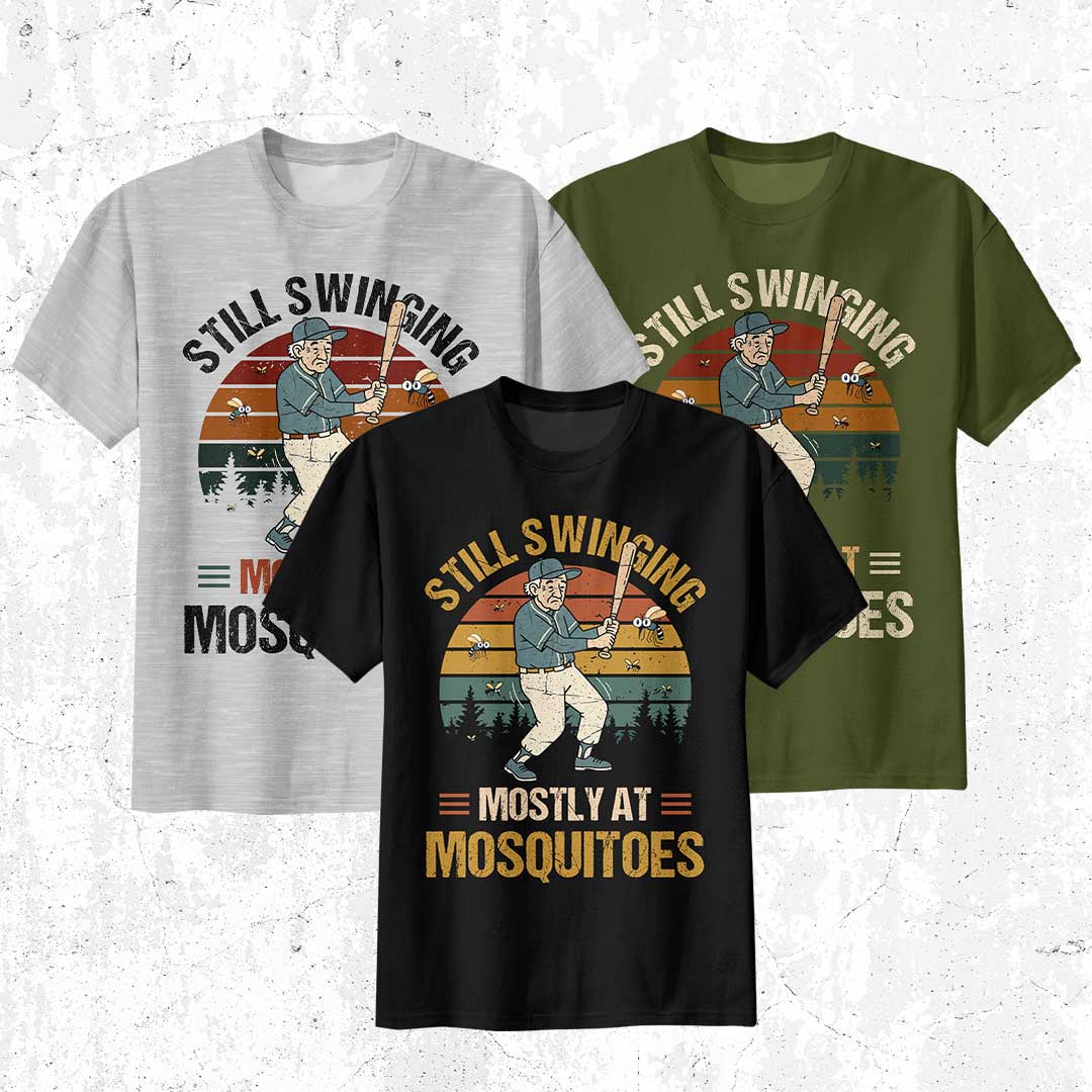 Still Swinging... Mostly At Mosquitoes - Black Grey Green Baseball T-Shirt