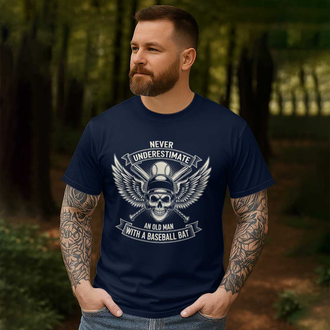 Never Underestimate Old Man - Black Navy Baseball T-Shirt