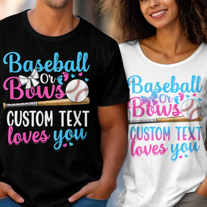 Baseball or Bows Genden Reveal - Black White Custom Baseball Couple T-Shirt