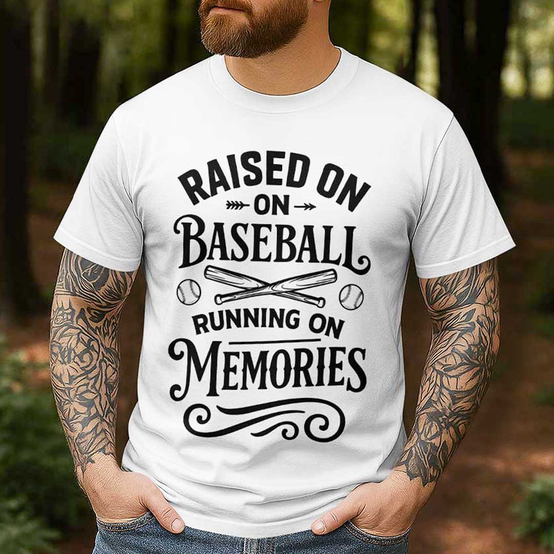 Raised On Baseball Running On Memories - Black White Baseball T-Shirt