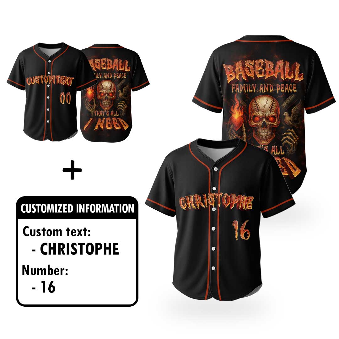 Baseball, Family and Peace - Custom Black Skull Baseball Jersey