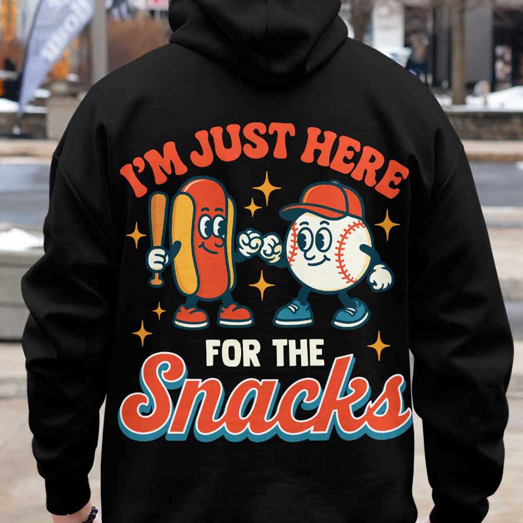 I'm Just Here For The Snacks - Custom Black White Baseball Hoodie
