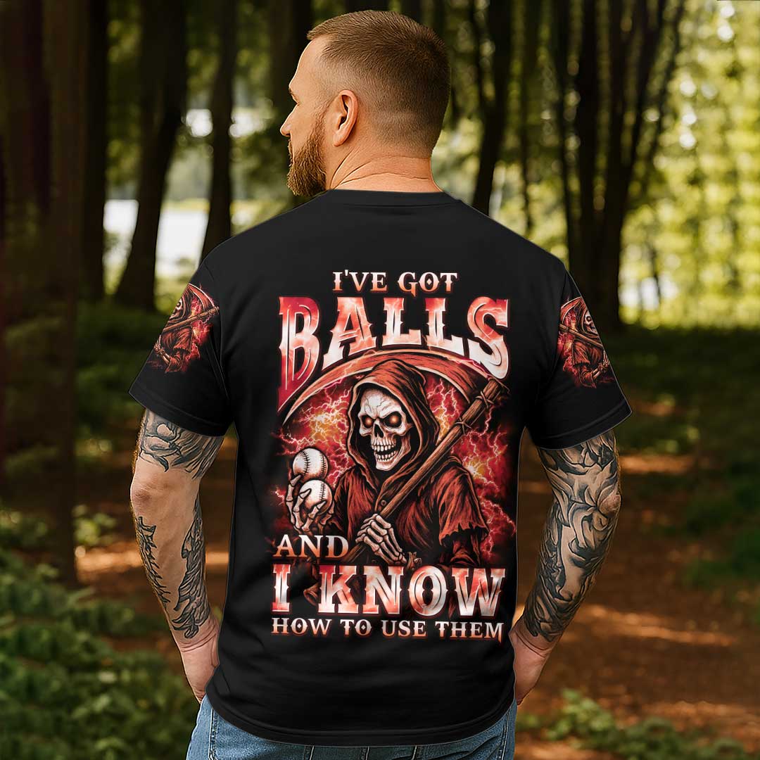 I've Got Balls And I Know How To Use Them All Over Print Skull Baseball T-Shirt