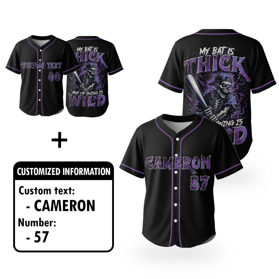 Thick Bat Wild Swing - Custom Black Skull Baseball Jersey