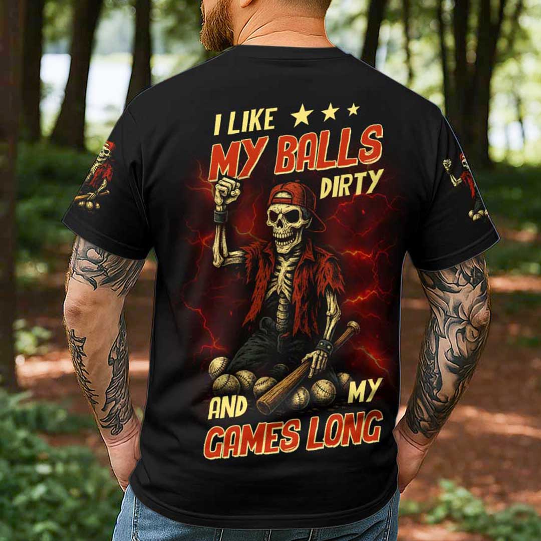 Like It When Balls Dirty and Games Long All Over Print Skull Baseball T-Shirt