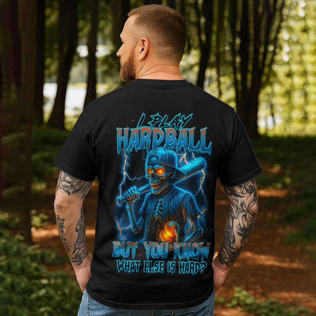 I Play Hardball and Some Else Too All Over Print Skull Baseball T-Shirt