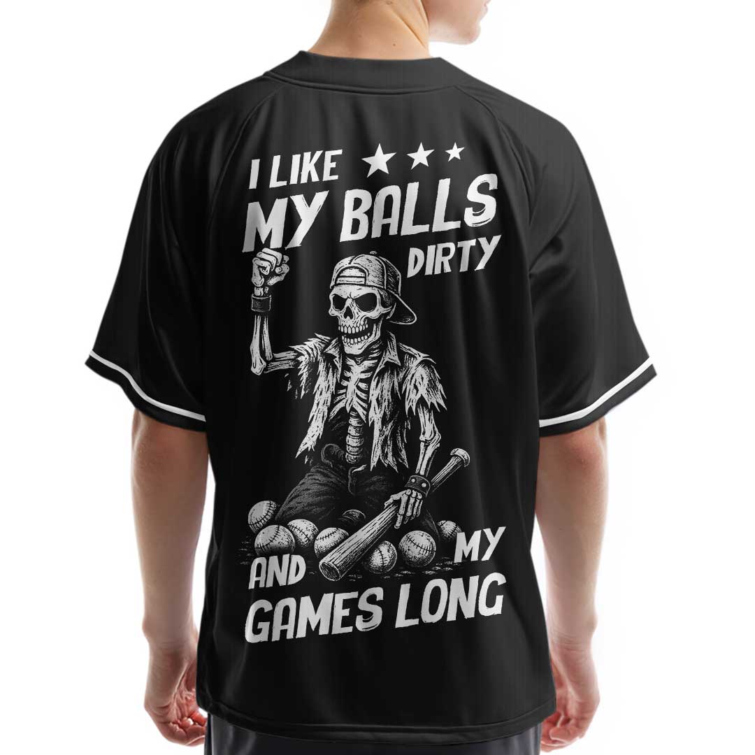 Dirty Balls and Long Games - Custom Black Skull Baseball Jersey