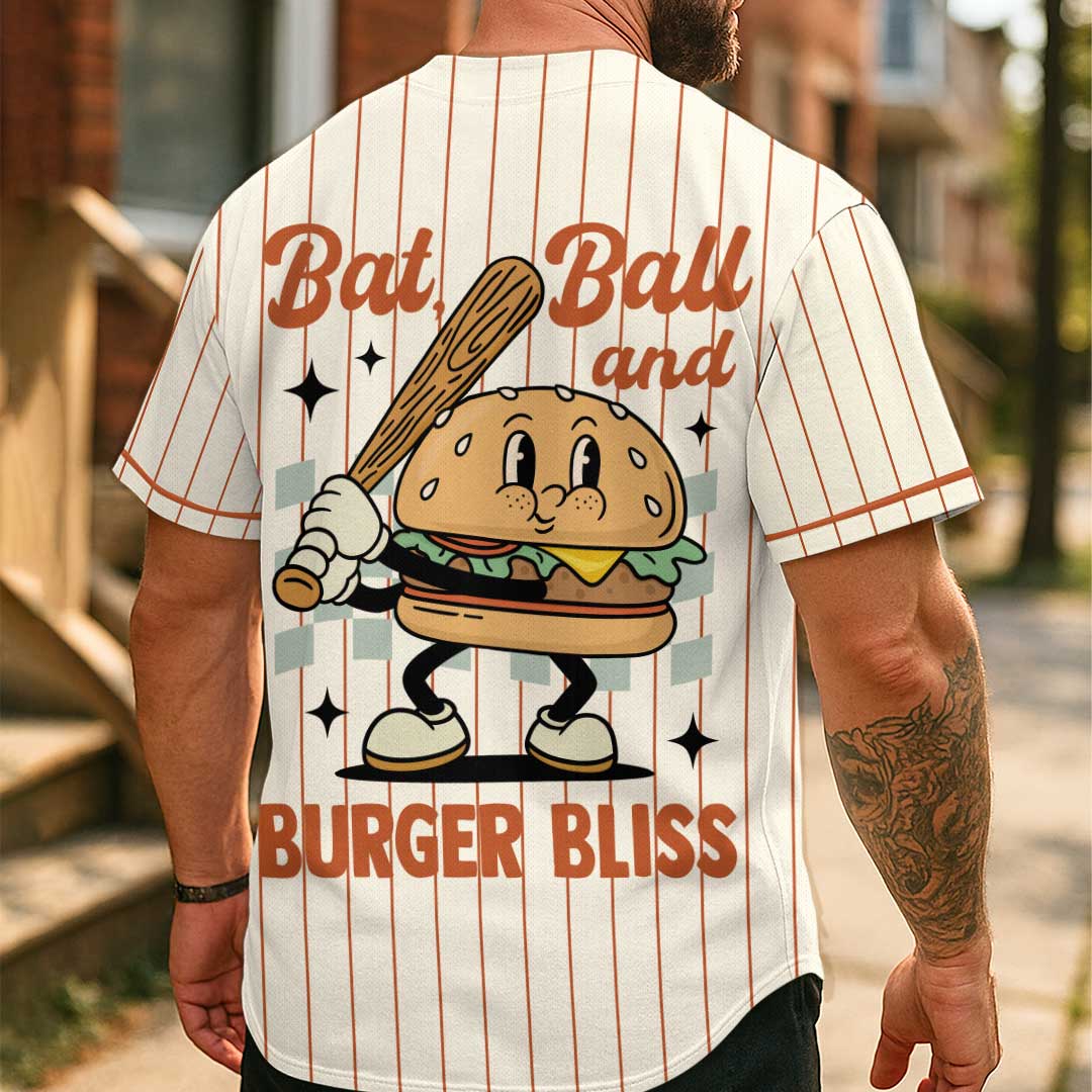 Bat, Ball and Burger Bliss - Custom Groovy Cream Baseball Jersey
