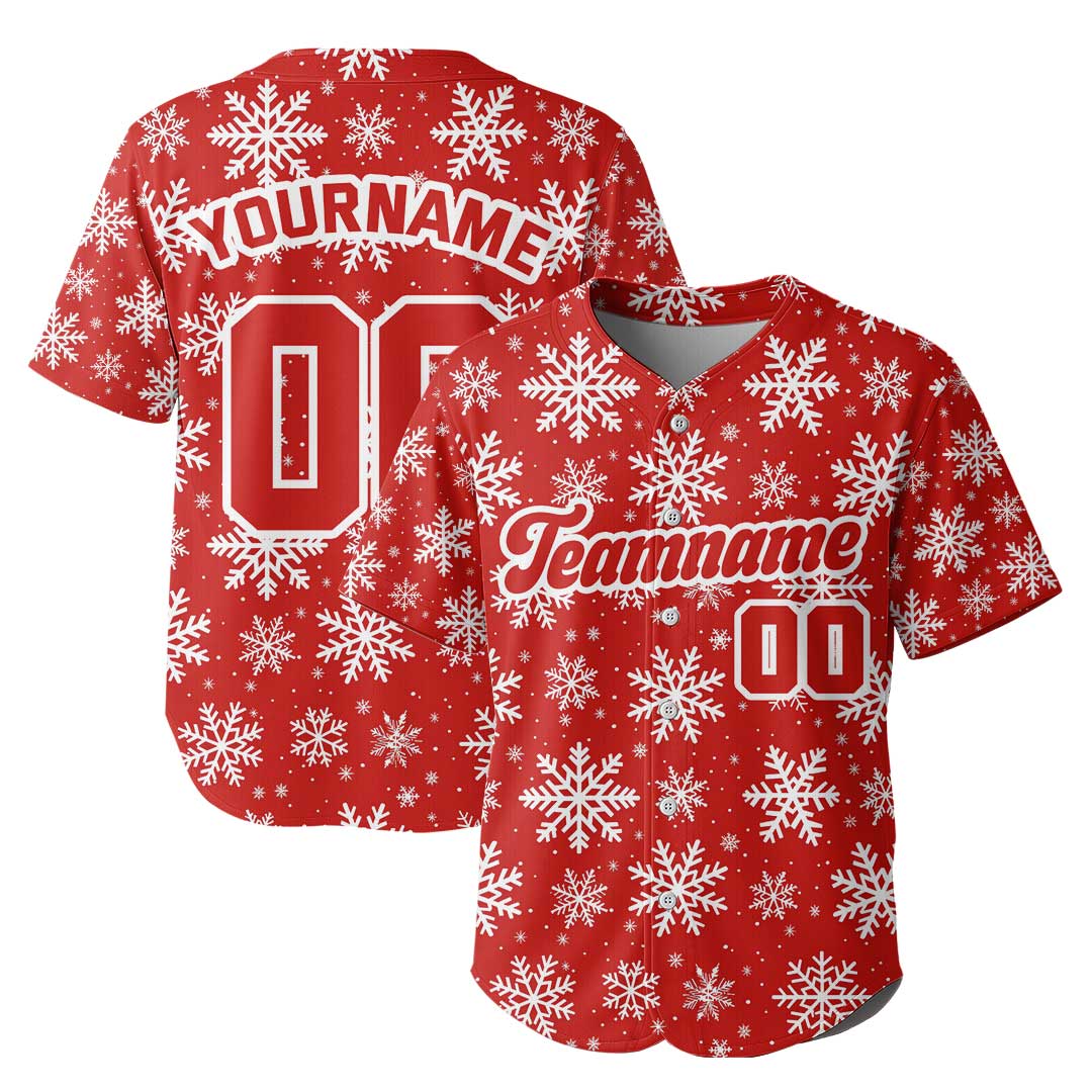 Custom Christmas Baseball Jersey with Snowflake and Pine Tree Pattern