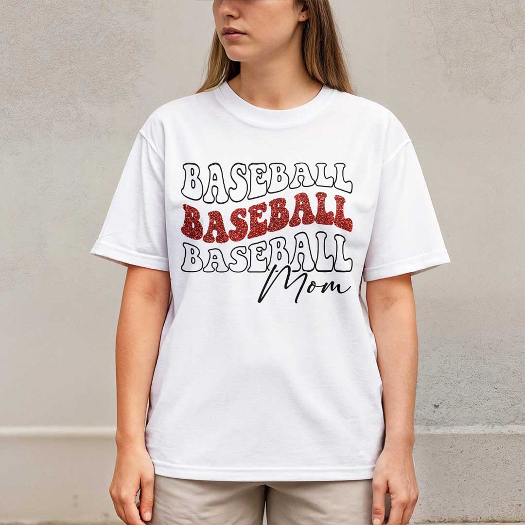 Behind Every Player Is a Baseball Mom - White and Maroon Baseball T-Shirt