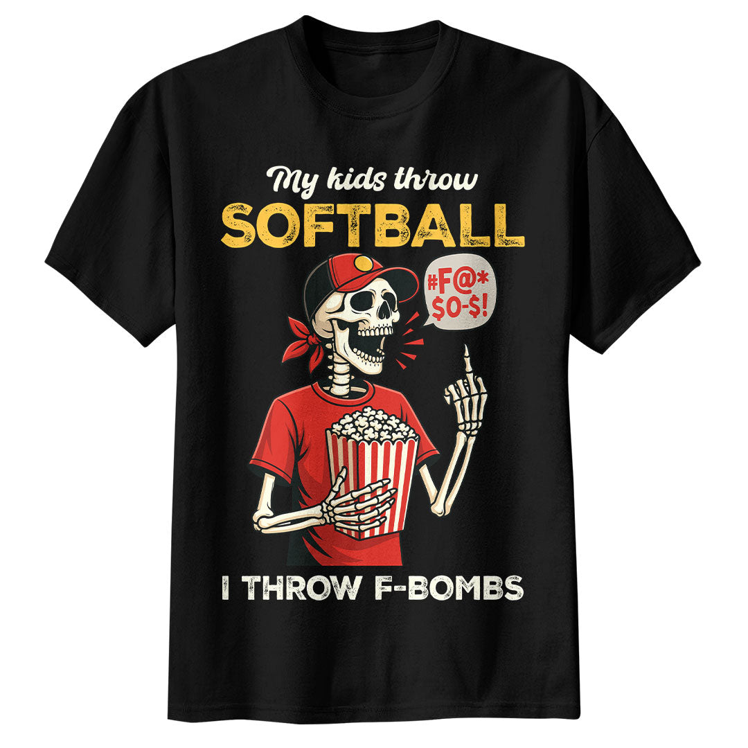 My Kids Throw Softball I Throw F-Bombs - Black White Navy Softball Tshirt