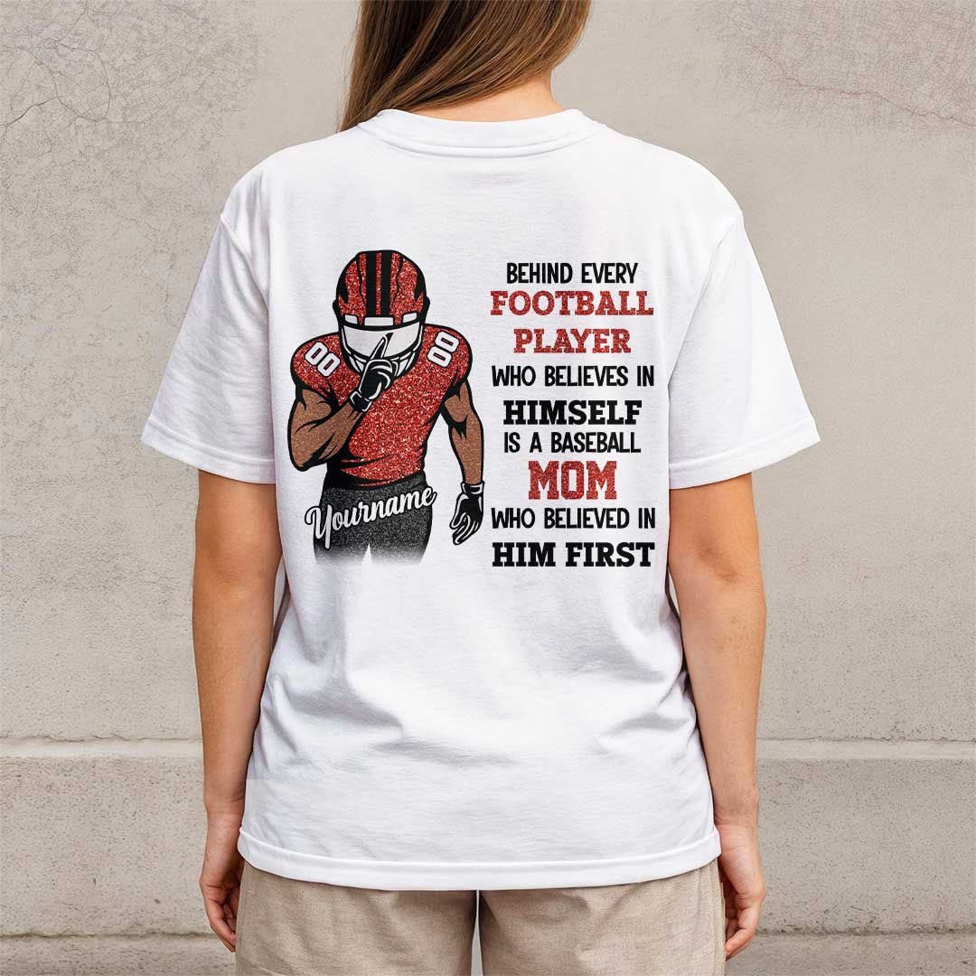 Behind Every Football Player Is A Football Mom - White and Sand Softball Tshirt
