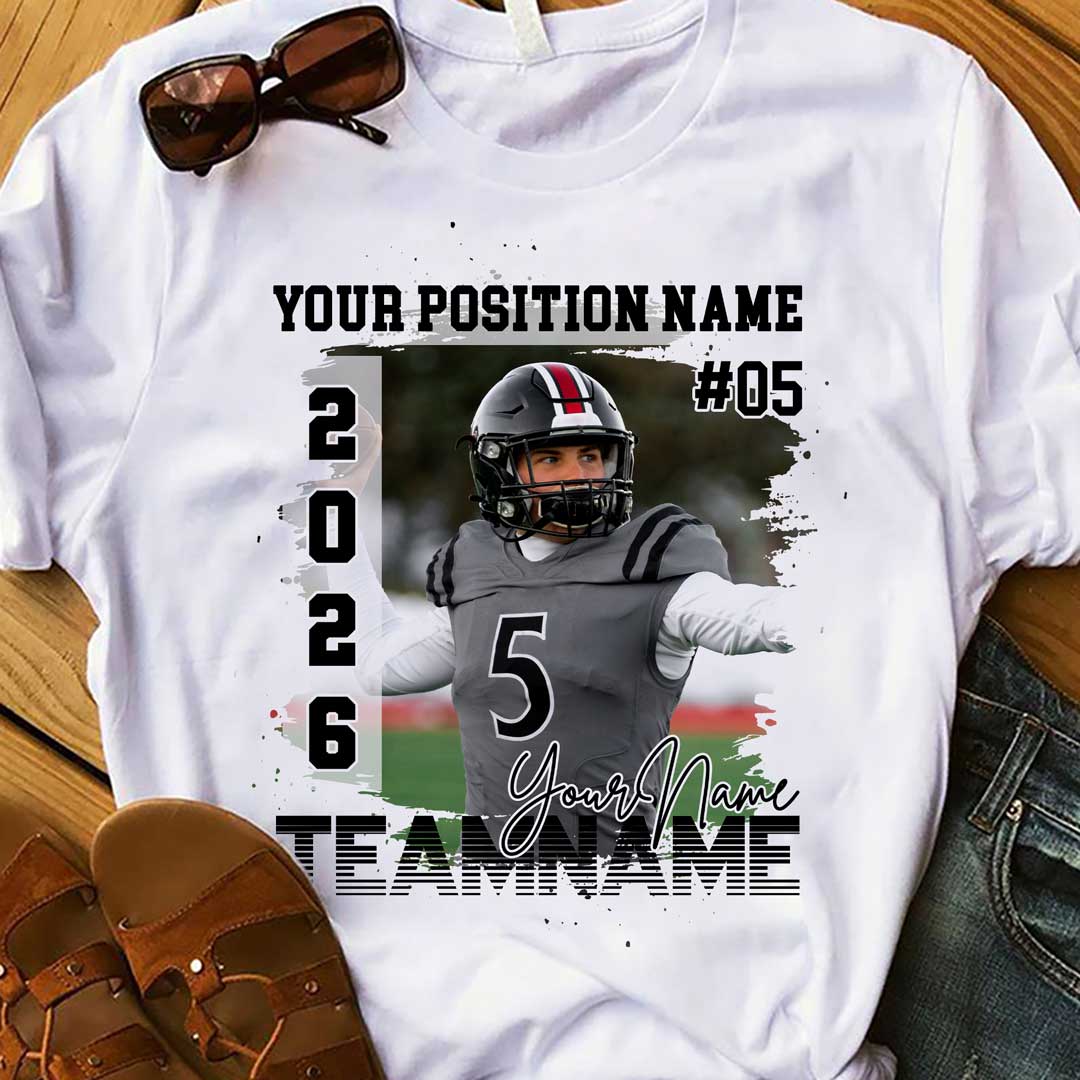 Custom Photo Football T-shirt with Player Position Name, Number and Name