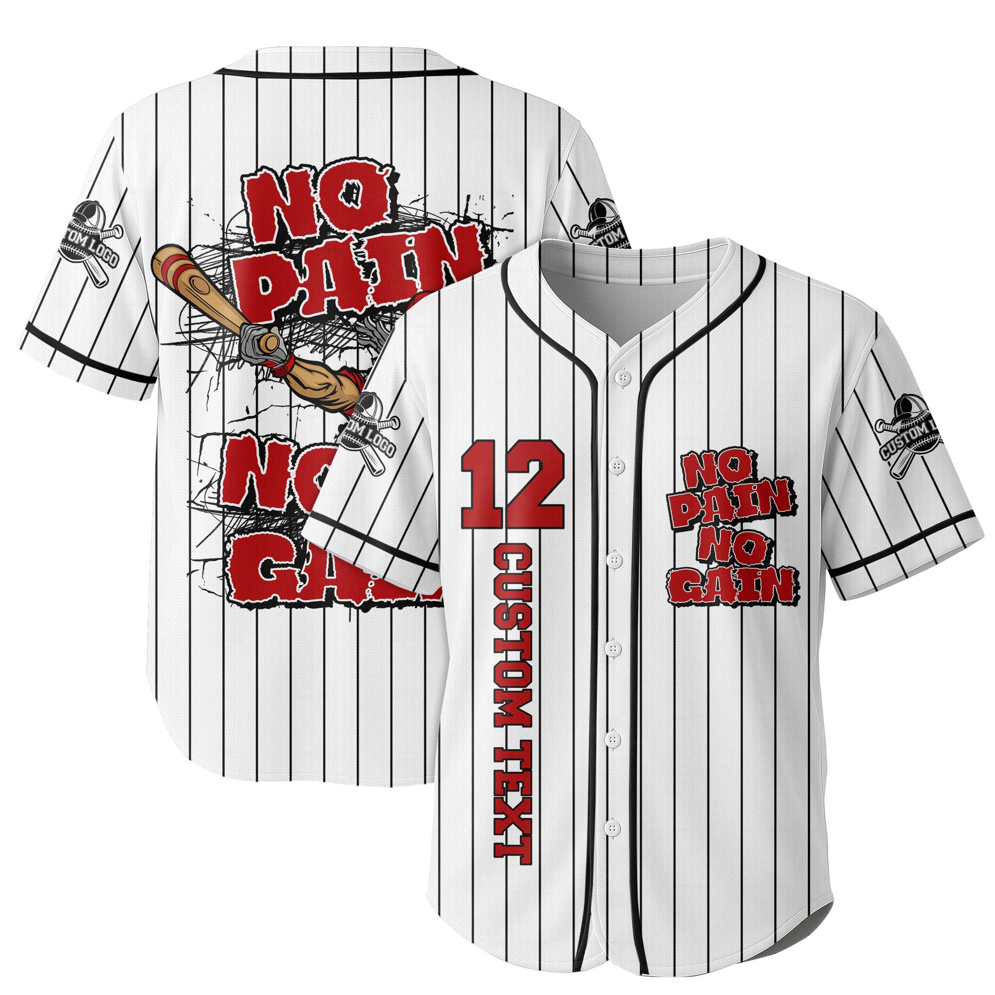 No Pain No Gain - Custom White Black Stripes Baseball Jersey