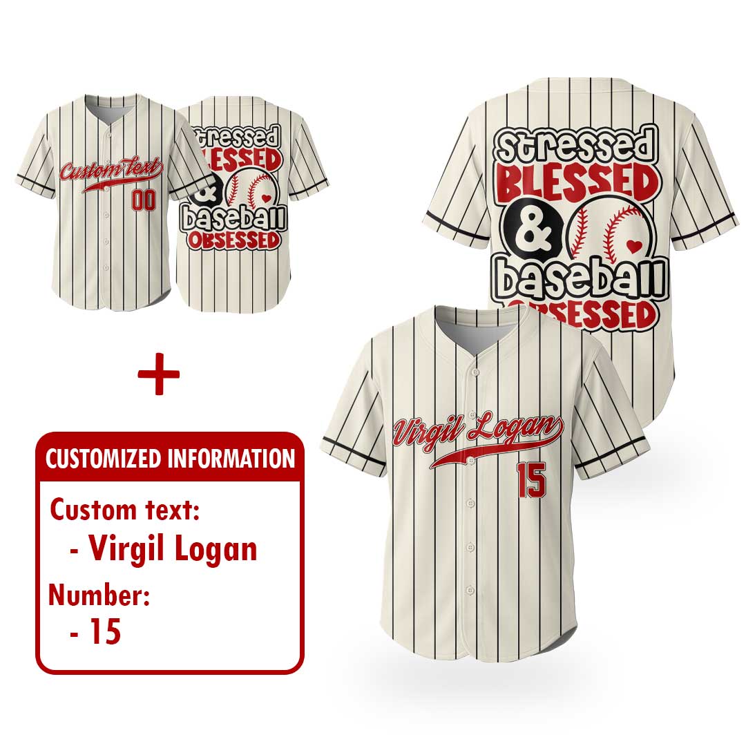 Stressed Blessed Baseball Obsessed - Custom Cream with Black Stripes Baseball Jersey