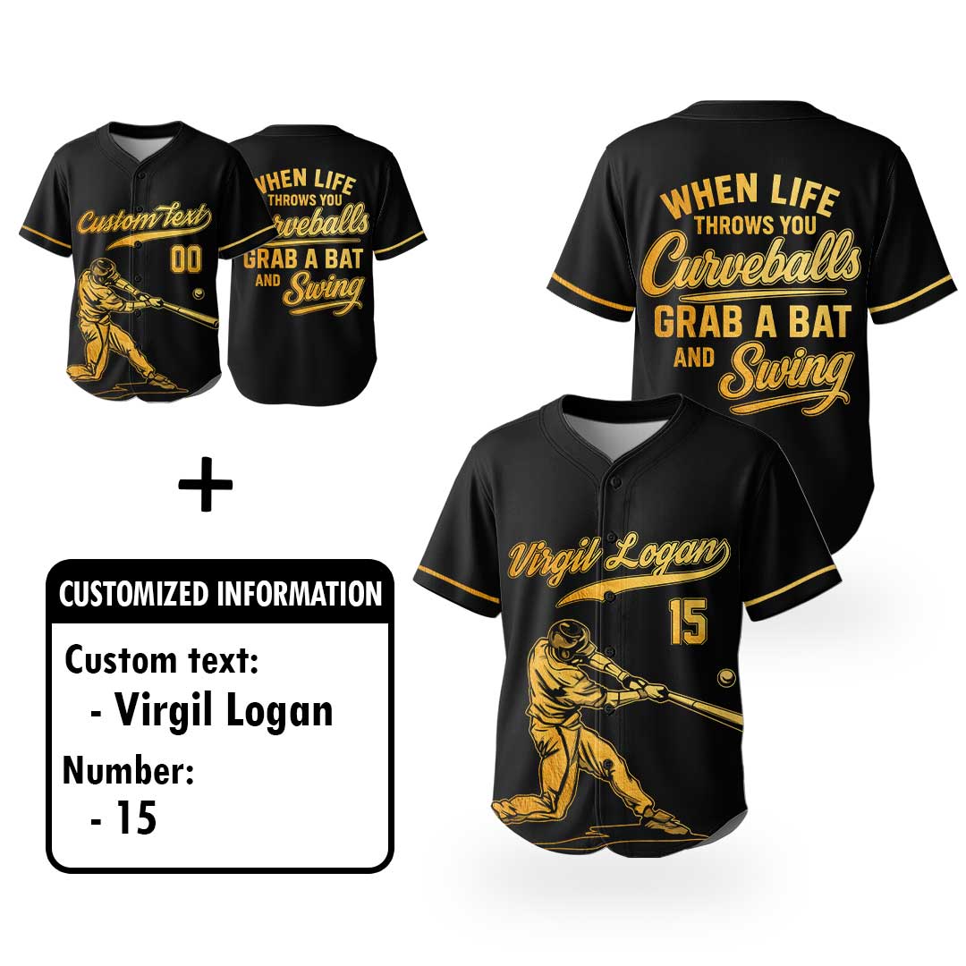 Grab A Bat And Swing - Custom Black with Golden Texture Baseball Jersey