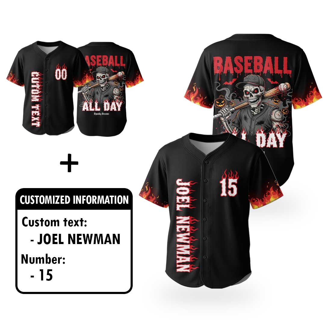 Baseball All Day - Custom Black Halloween Baseball Jersey