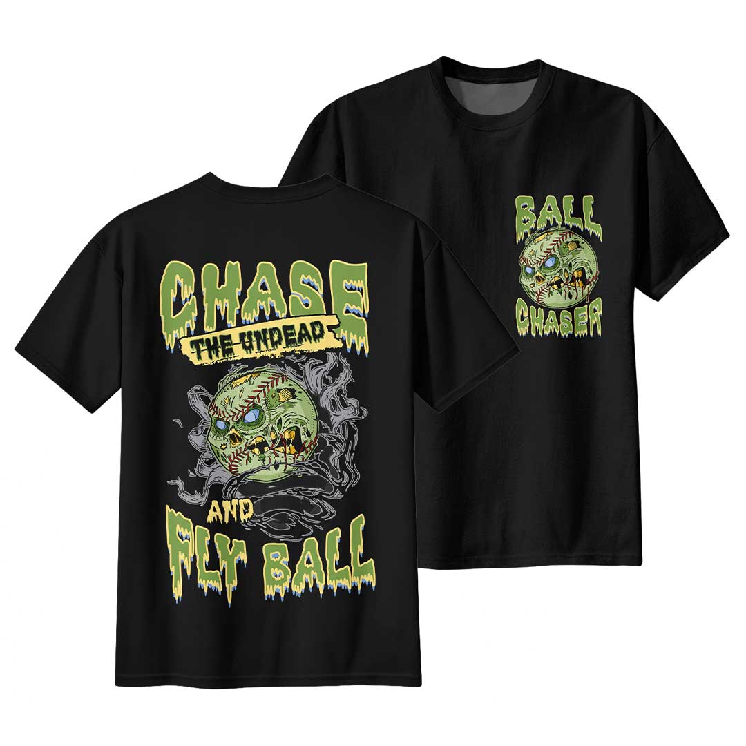 Chase The Undead And Fly Ball Black White Baseball Halloween T-Shirt