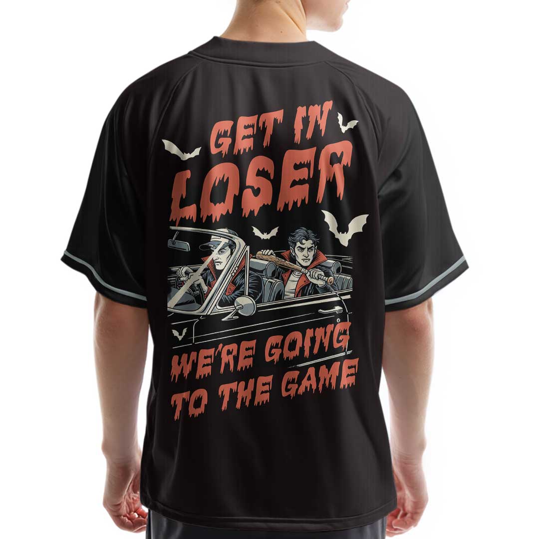 Get In Loser We're Going To The Game - Custom Black Halloween Baseball Jersey