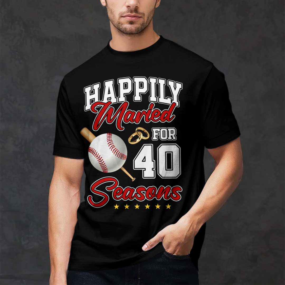 Happily Married For Many Seasons - Black White Baseball Couple T-Shirt