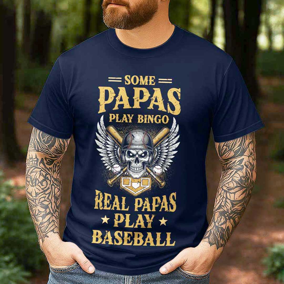 Real Papas Play Baseball - Black and Navy Baseball T-Shirt