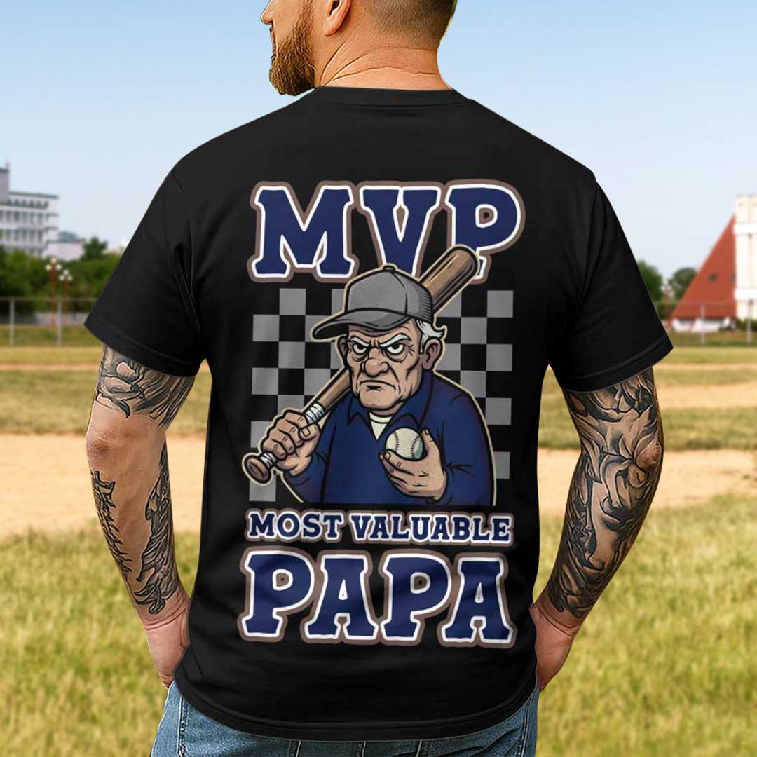 MVP Means Most Valuable Papa - Black Grey Two Sided Baseball T-Shirt