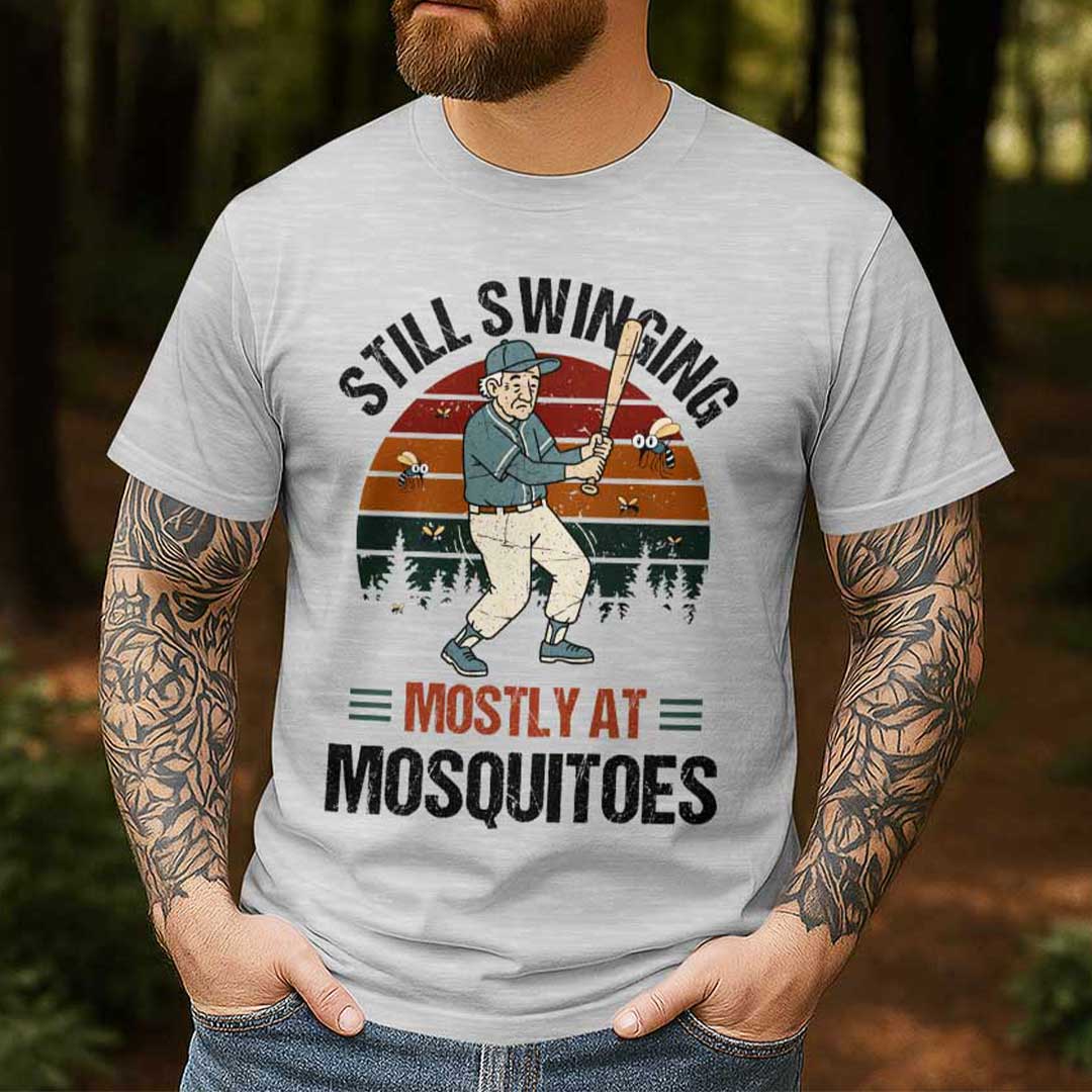 Still Swinging... Mostly At Mosquitoes - Black Grey Green Baseball T-Shirt