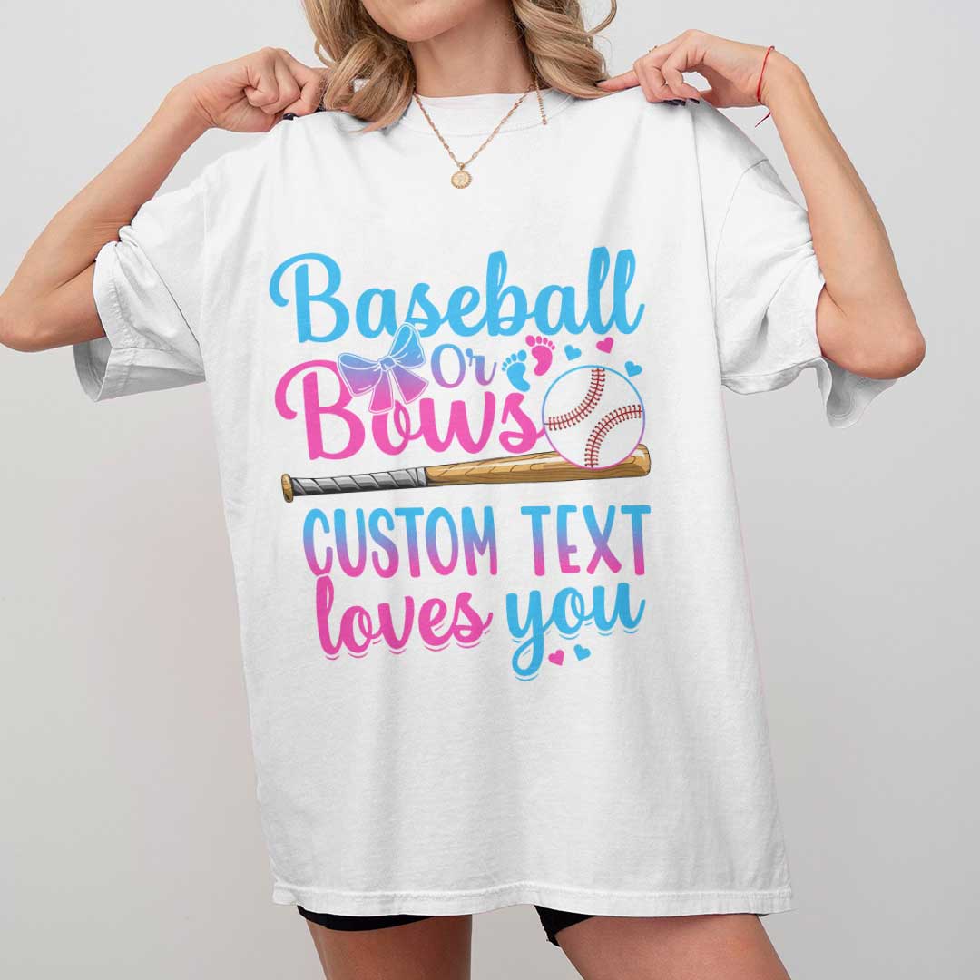 Baseball or Bows Genden Reveal - Black White Custom Baseball Couple T-Shirt