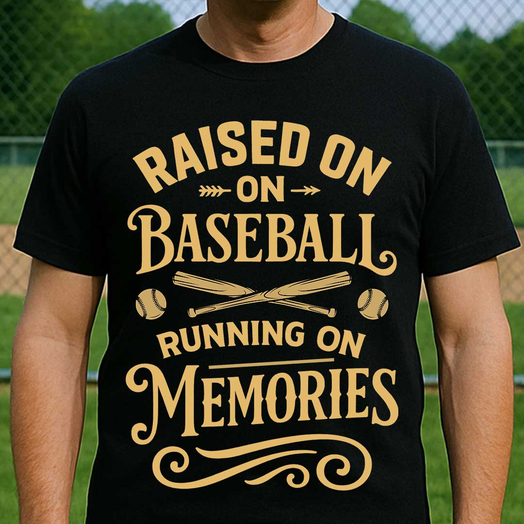 Raised On Baseball Running On Memories - Black White Baseball T-Shirt