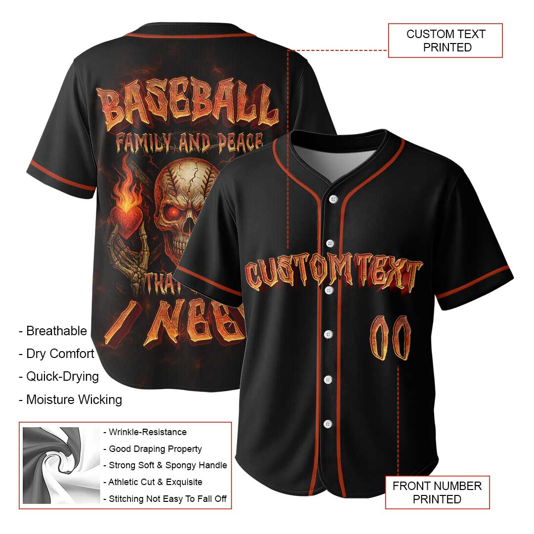 Baseball, Family and Peace - Custom Black Skull Baseball Jersey