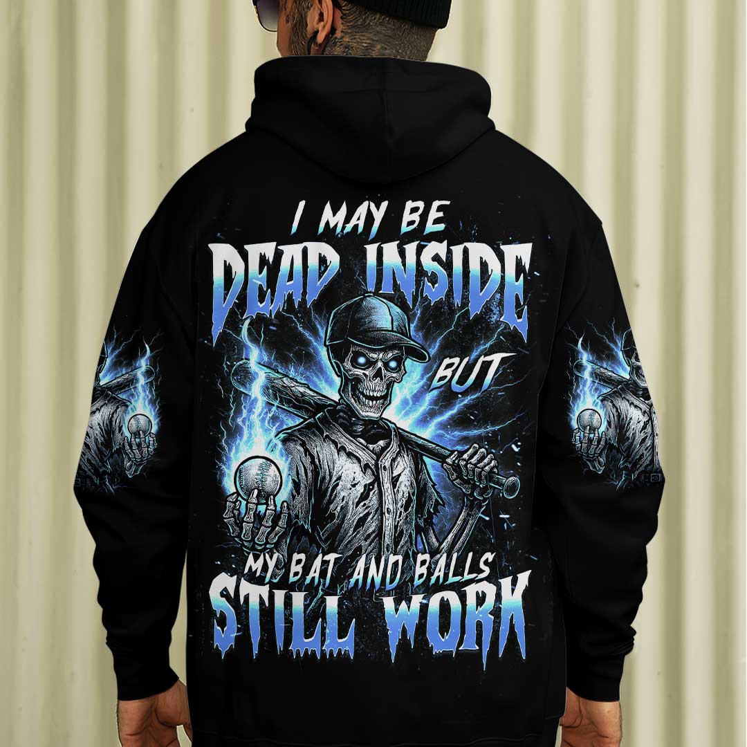 Dead Inside But Bat and Balls Still Work - Custom Black Skull Baseball Hoodie