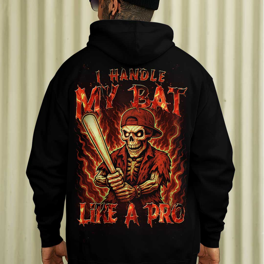 Handle My Bat Like A Pro - Custom Black Skull Baseball Hoodie