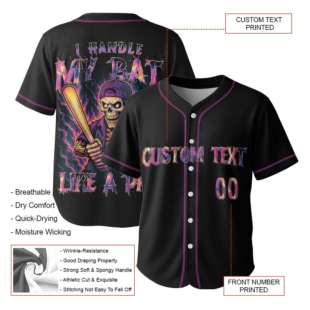 Handle My Bat Like A Pro - Custom Black Skull Baseball Jersey