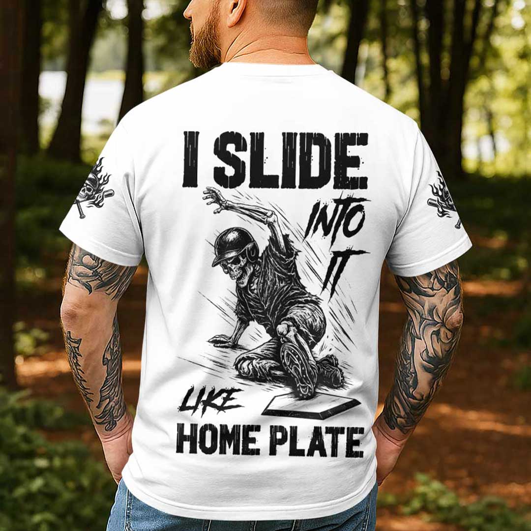 I Slide Into It Like Home Plate All Over Print Skull Baseball T-Shirt