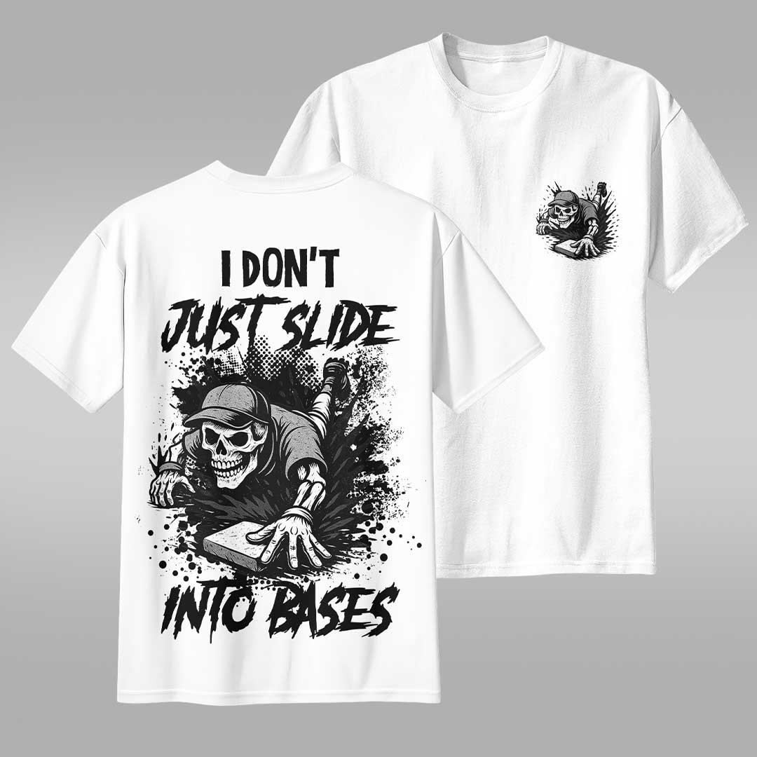 I Don't Just Slide Into Bases All Over Print Skull Baseball T-Shirt