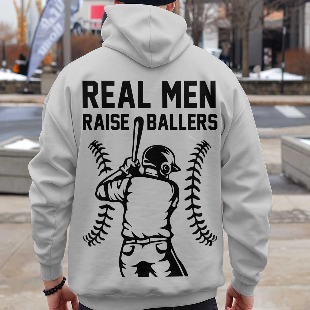 Real Men Raise Ballers - Navy and Grey Dad Baseball Hoodie