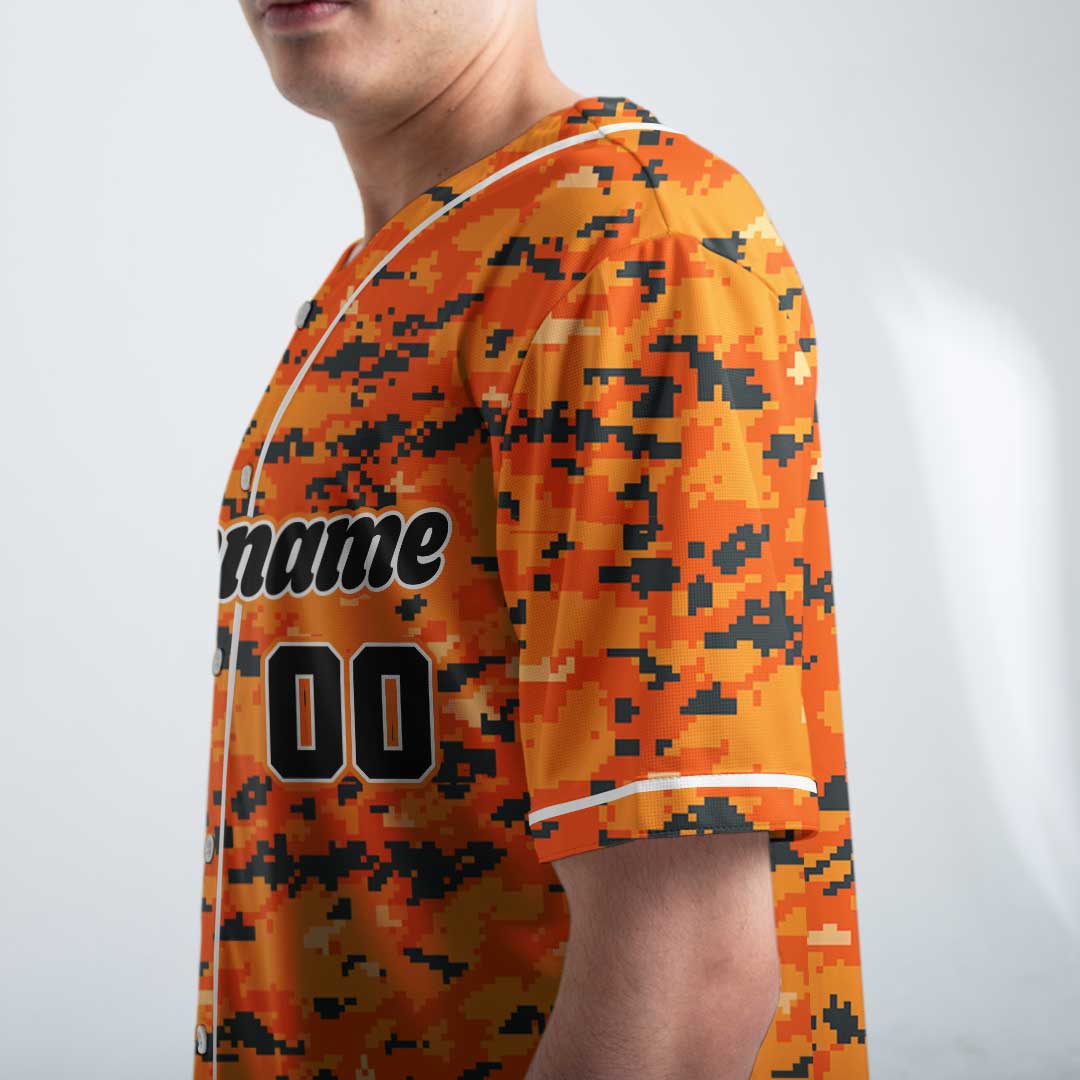 Custom Baseball Jersey with Orange Camouflage Pattern