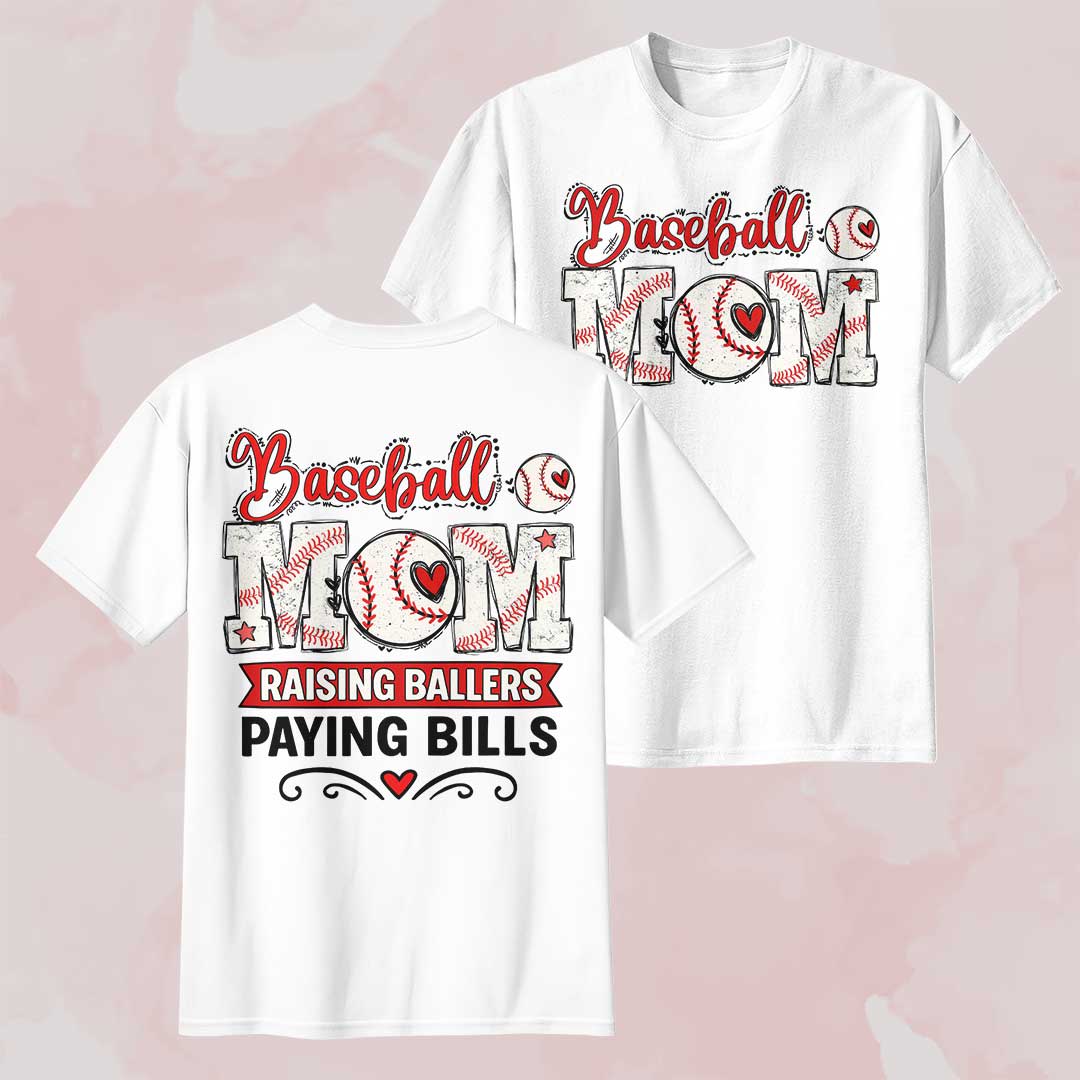 Baseball Mom Raising Ballers Paying Bills - White and Maroon Baseball T-Shirt