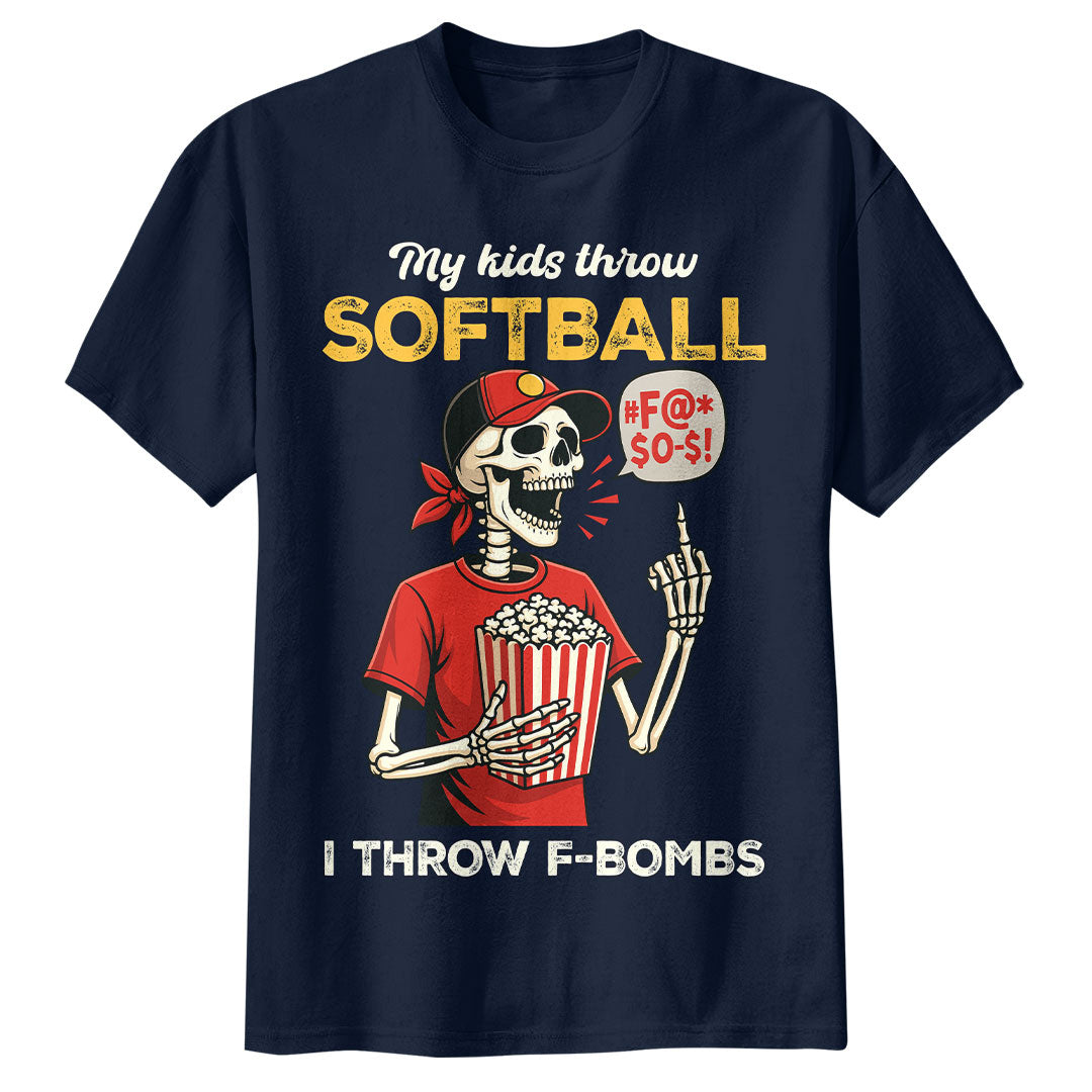 My Kids Throw Softball I Throw F-Bombs - Black White Navy Softball Tshirt