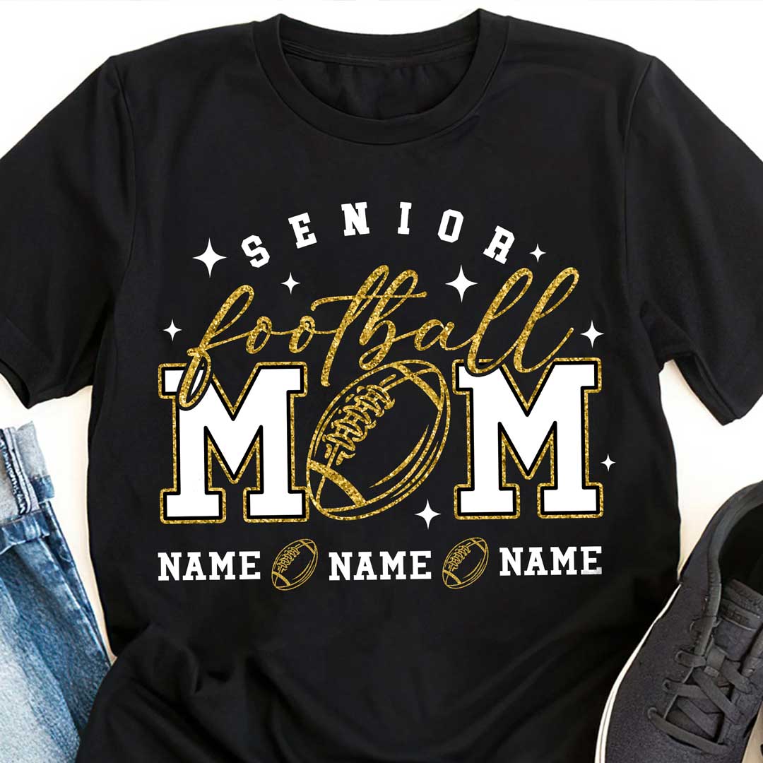 Senior Football Mom - Black and White Custom Football T-Shirt