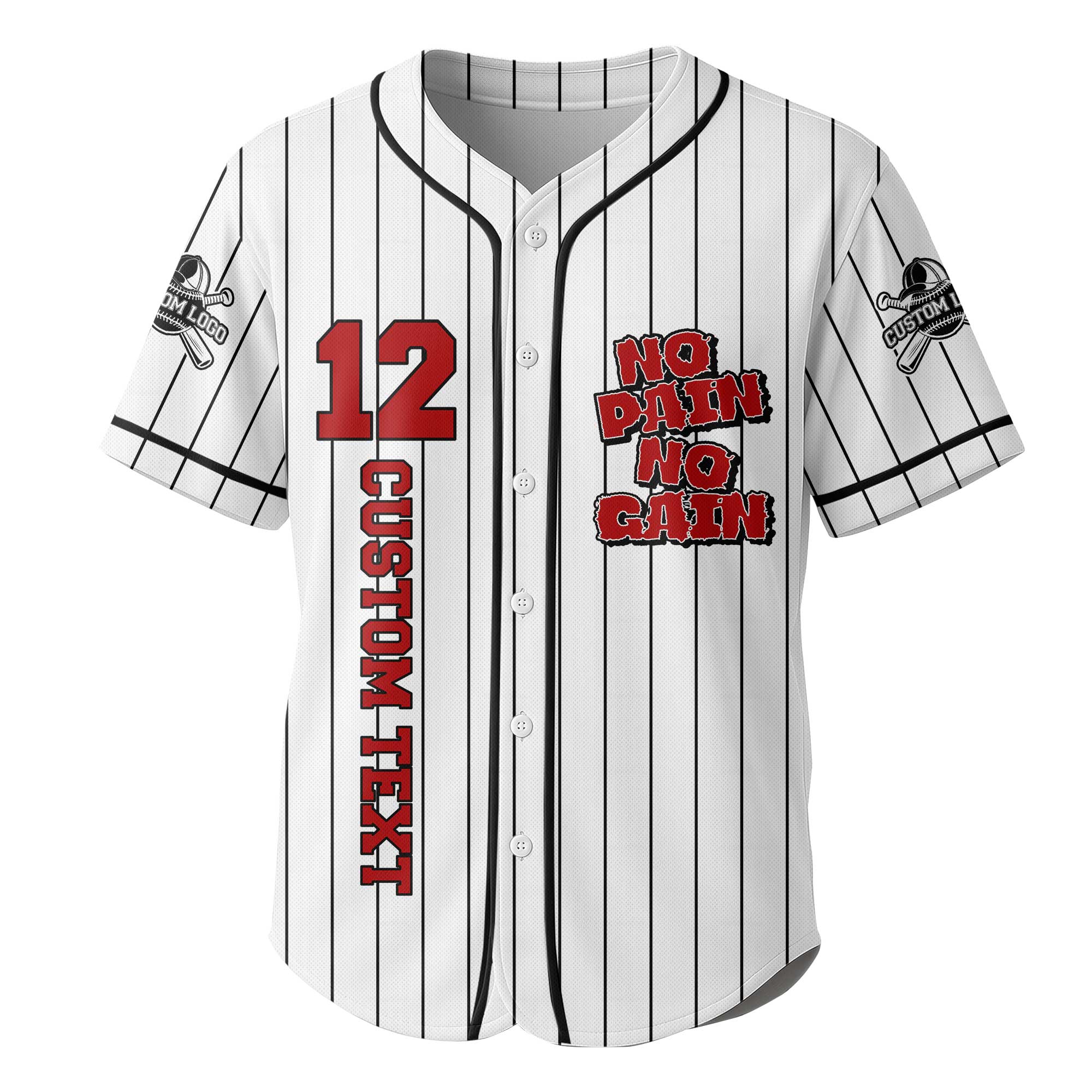 No Pain No Gain - Custom White Black Stripes Baseball Jersey