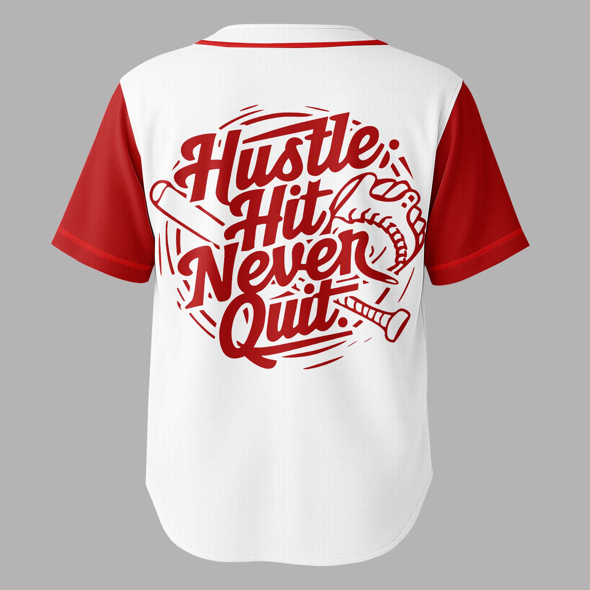 Hustle Hit Never Quit - Custom White and Red Raglan Baseball Jersey