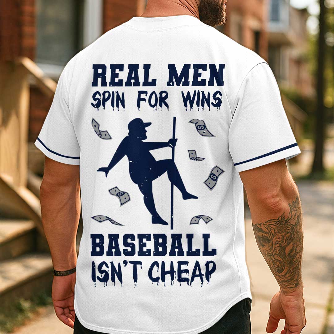 Real Men Spin For Wins - Custom White Navy Baseball Jersey