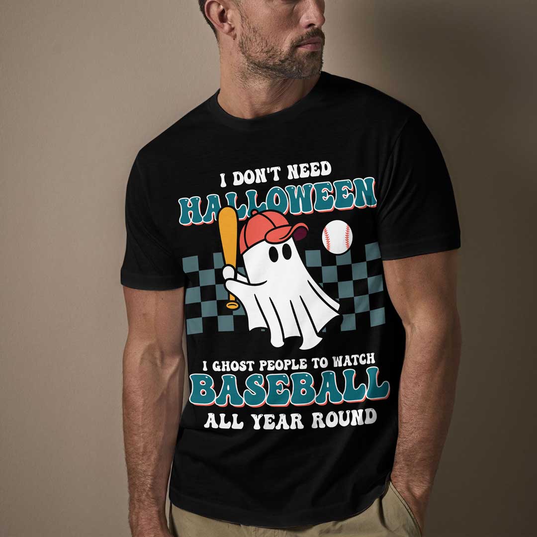 Ghost People All Year Round Black White Baseball Halloween T-Shirt